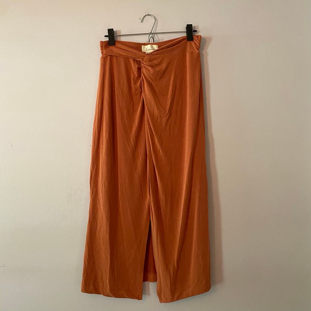 Anthropologie Orange Rust Midi Skirt Slit Stretchy Boho Women's size Medium